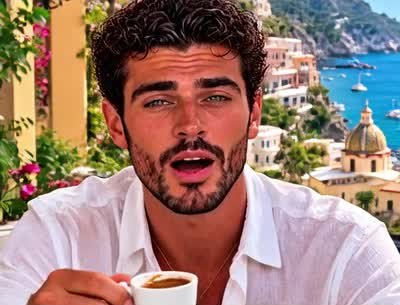 Nico with a coffee at a café in Positano